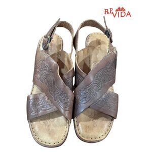 Brown Born Leather Cross Platform Wedge Sandals